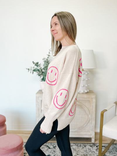 Smile Pattern Knit Sweater in Sand/Hot Pink
