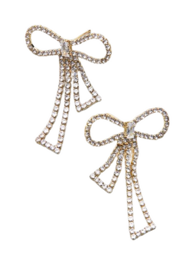 Rhinestone Bow Stud Earrings in Gold