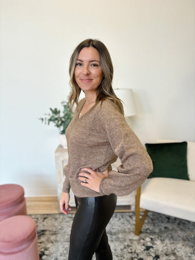 The V-neck Melange Knit Sweater in Brown