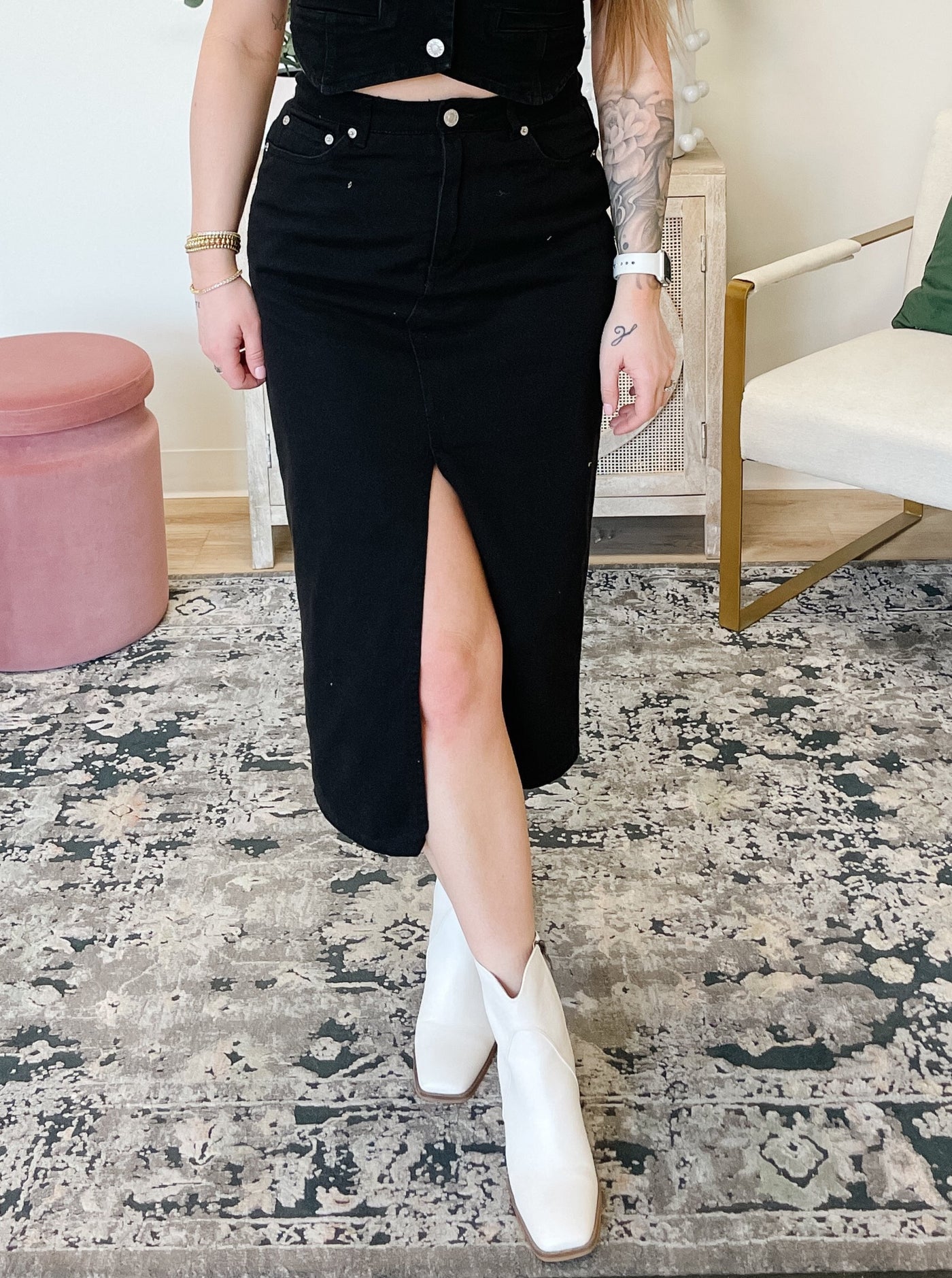 Denim Skirt With Front Slit in Black