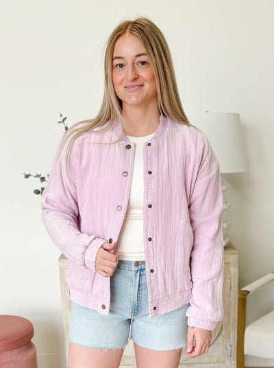 Snow Wash Crinkle Gauze Bomber Jacket in Orchid Purple