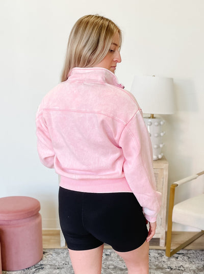 Acid Wash Fleece Half Zip Pullover in Pink