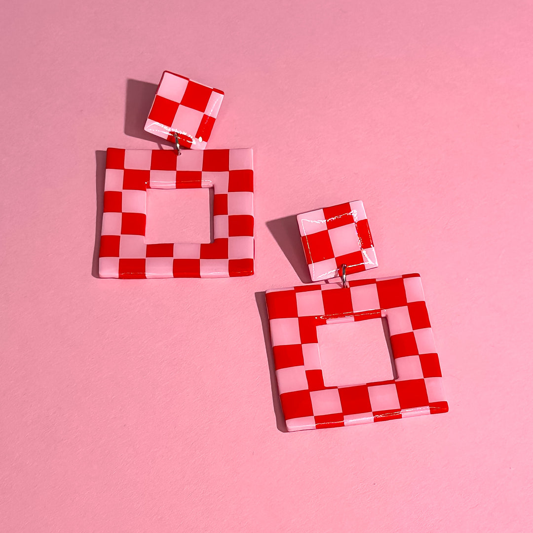 Clay Retro Checker Square Dangle Earrings in Pink & Red Checker