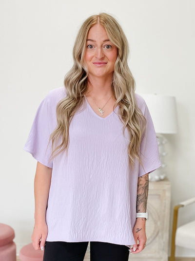Solid V-Neck Oversized Half Sleeve Top in Lavender