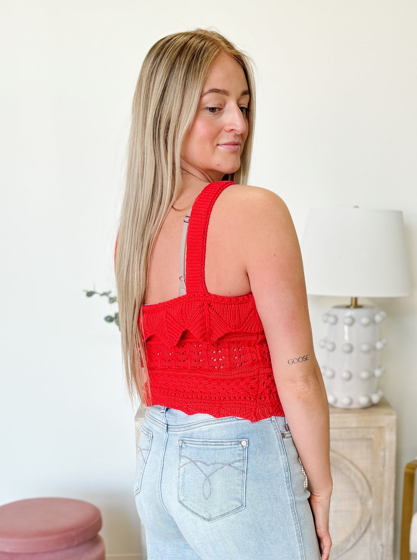 Button Down Crochet Knit Top in Red