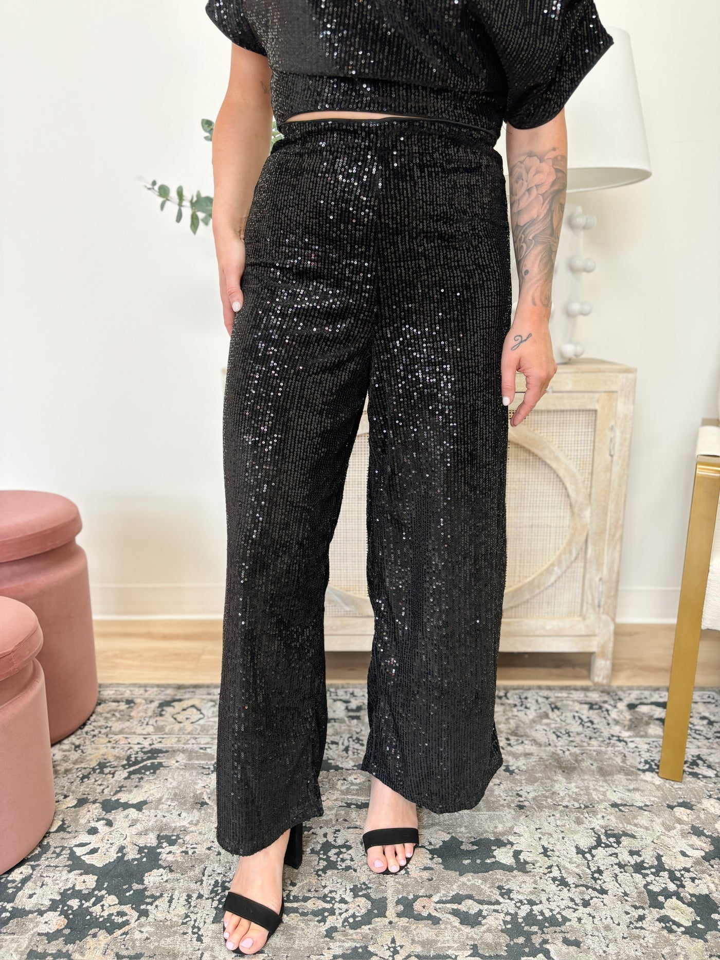The Sequin Flared Leg Pants in Black