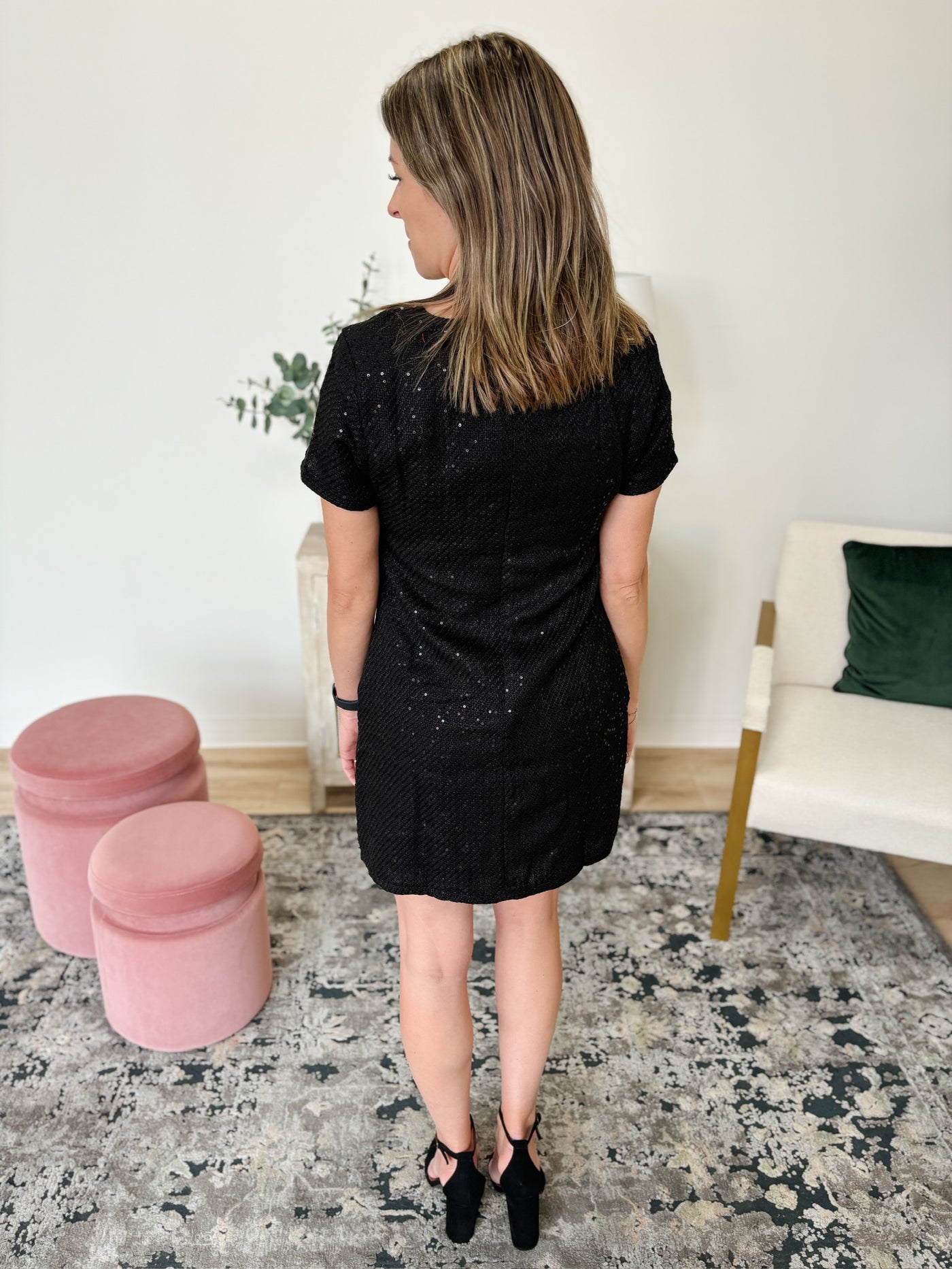Short Sleeve Sequin Tweed Mini Dress in Black