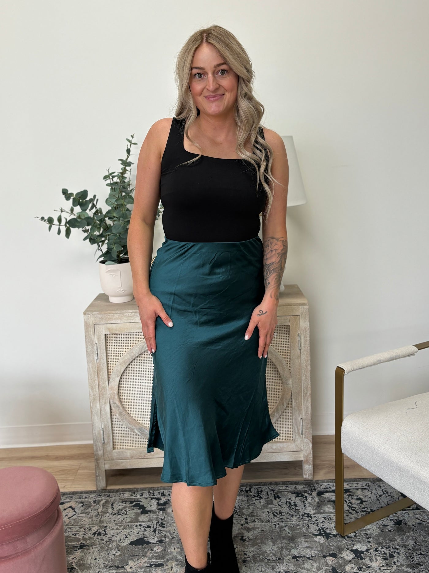 Classic Satin Midi Skirt With Side Slit in Teal