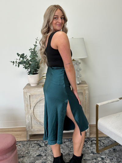 Classic Satin Midi Skirt With Side Slit in Teal
