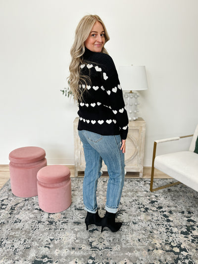 Ribbed Knit Turtleneck Heart Sweater in Black