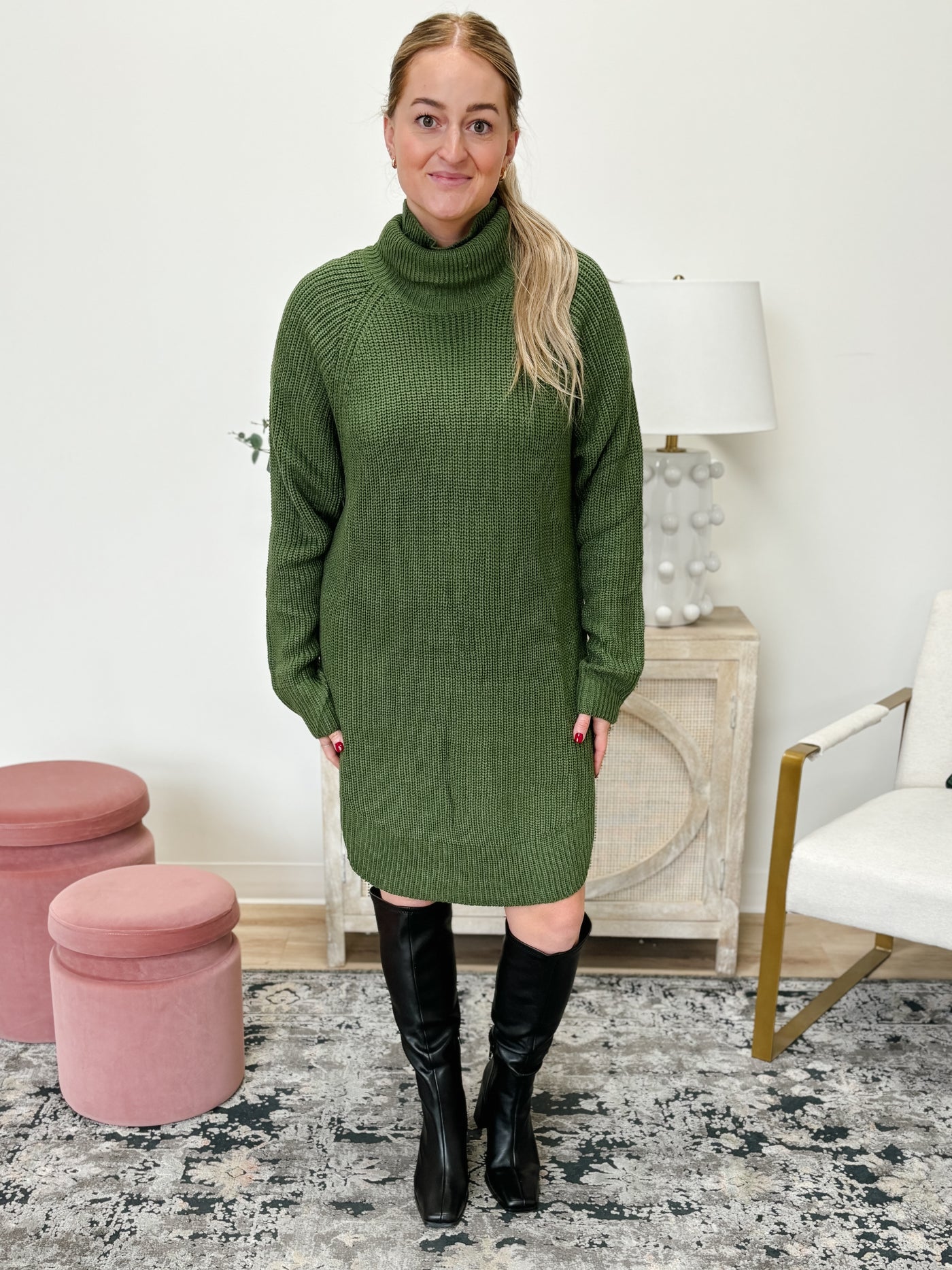 Turtleneck Knit Long Sleeve Sweater Dress in Olive