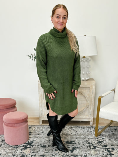Turtleneck Knit Long Sleeve Sweater Dress in Olive