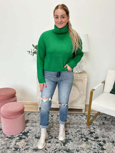 High Neck Ribbed Cropped Sweater in Green