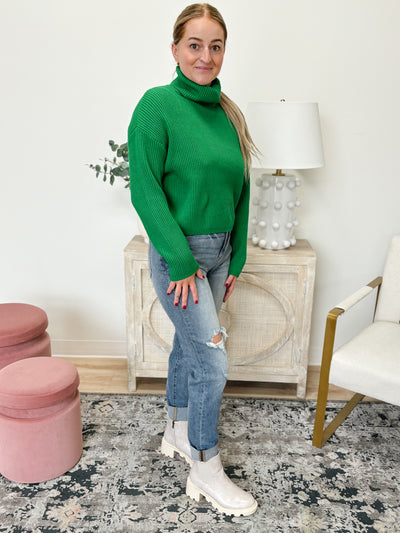 High Neck Ribbed Cropped Sweater in Green
