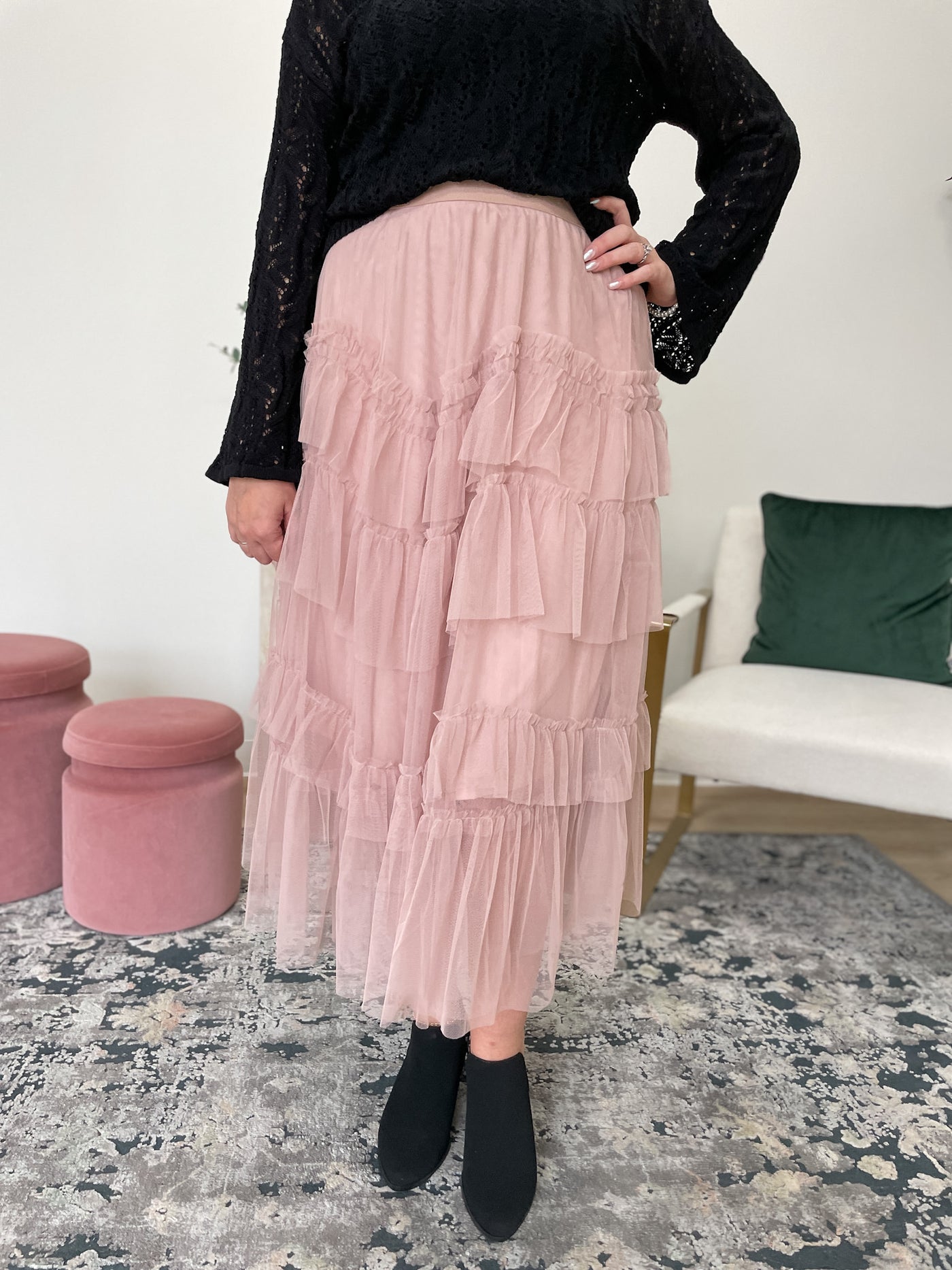 The Tiered Ruffled Tulle Midi Skirt in Nude Pink