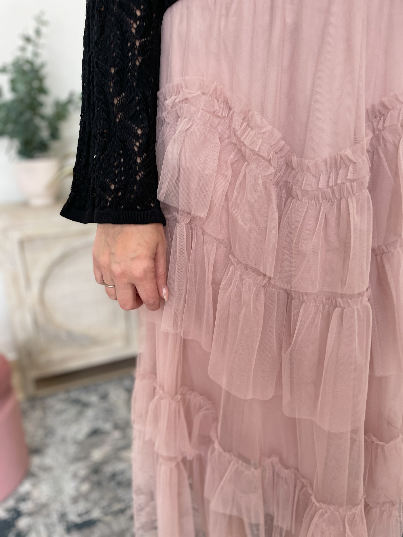 The Tiered Ruffled Tulle Midi Skirt in Nude Pink