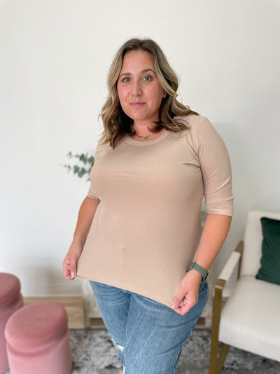 The Molly 3/4 Sleeve Ribbed Top in Taupe