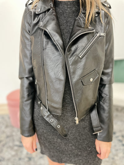 Faux Leather Zip Up Biker Jacket in Black