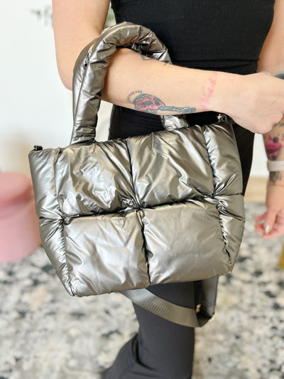 Brittany Small Nylon Puffer Tote With Satchel in Gunmetal