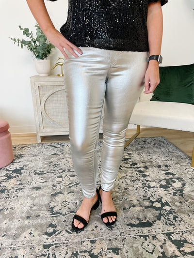 High RIse Metallic Skinny Jeans in Silver
