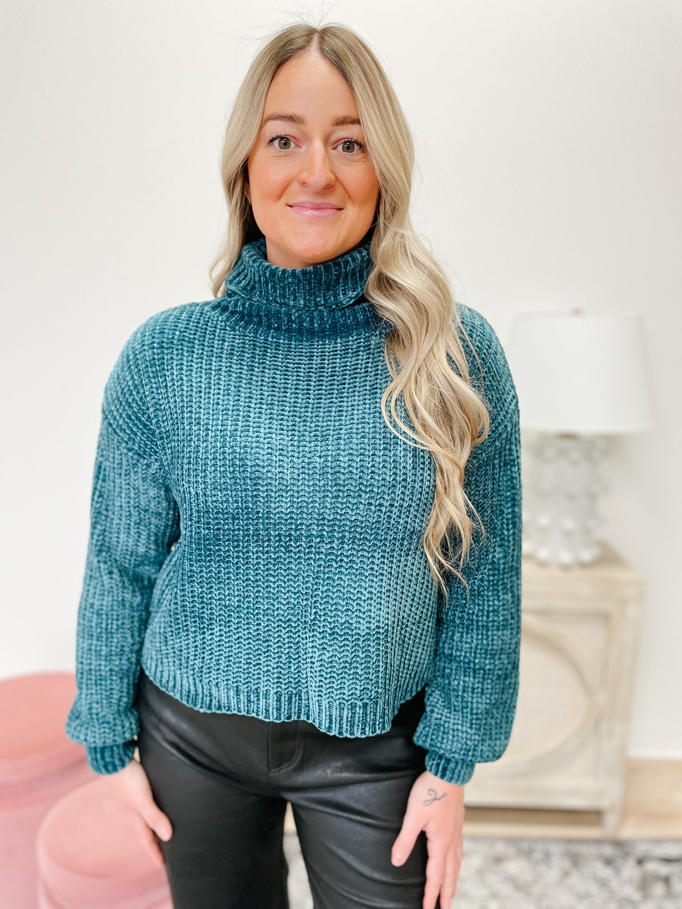 Chenille Turtleneck Sweater in Teal