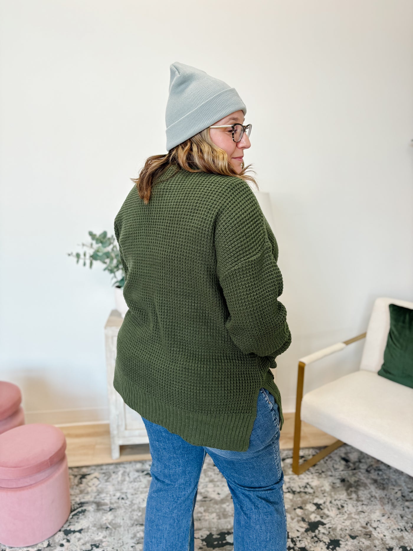 Relaxed Fit Waffle Open Cardigan Sweater in Army Green