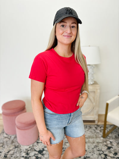Cotton Crew Neck Cropped Tee in Ruby