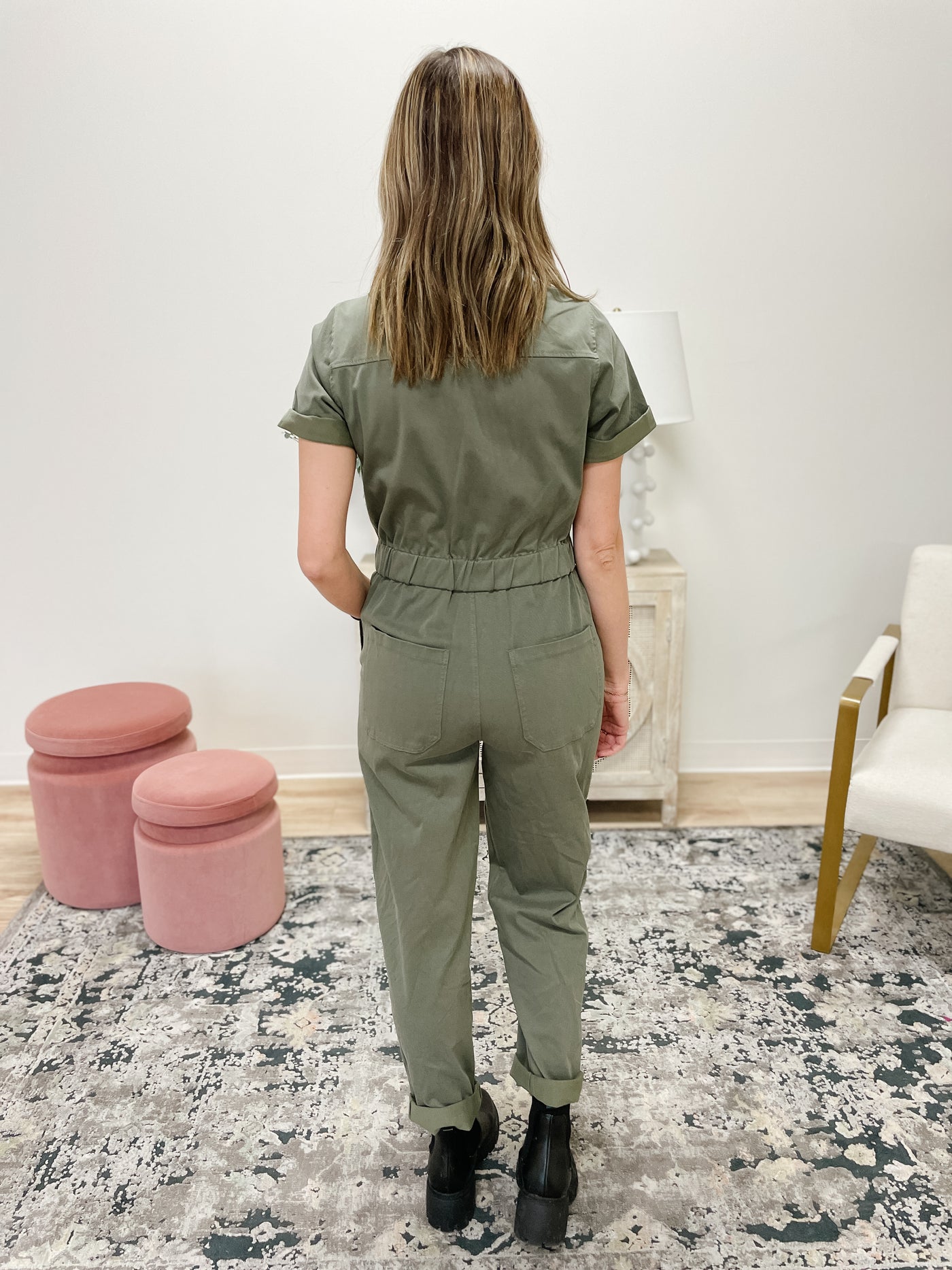 Short Sleeve Utility Style Jumpsuit in Olive