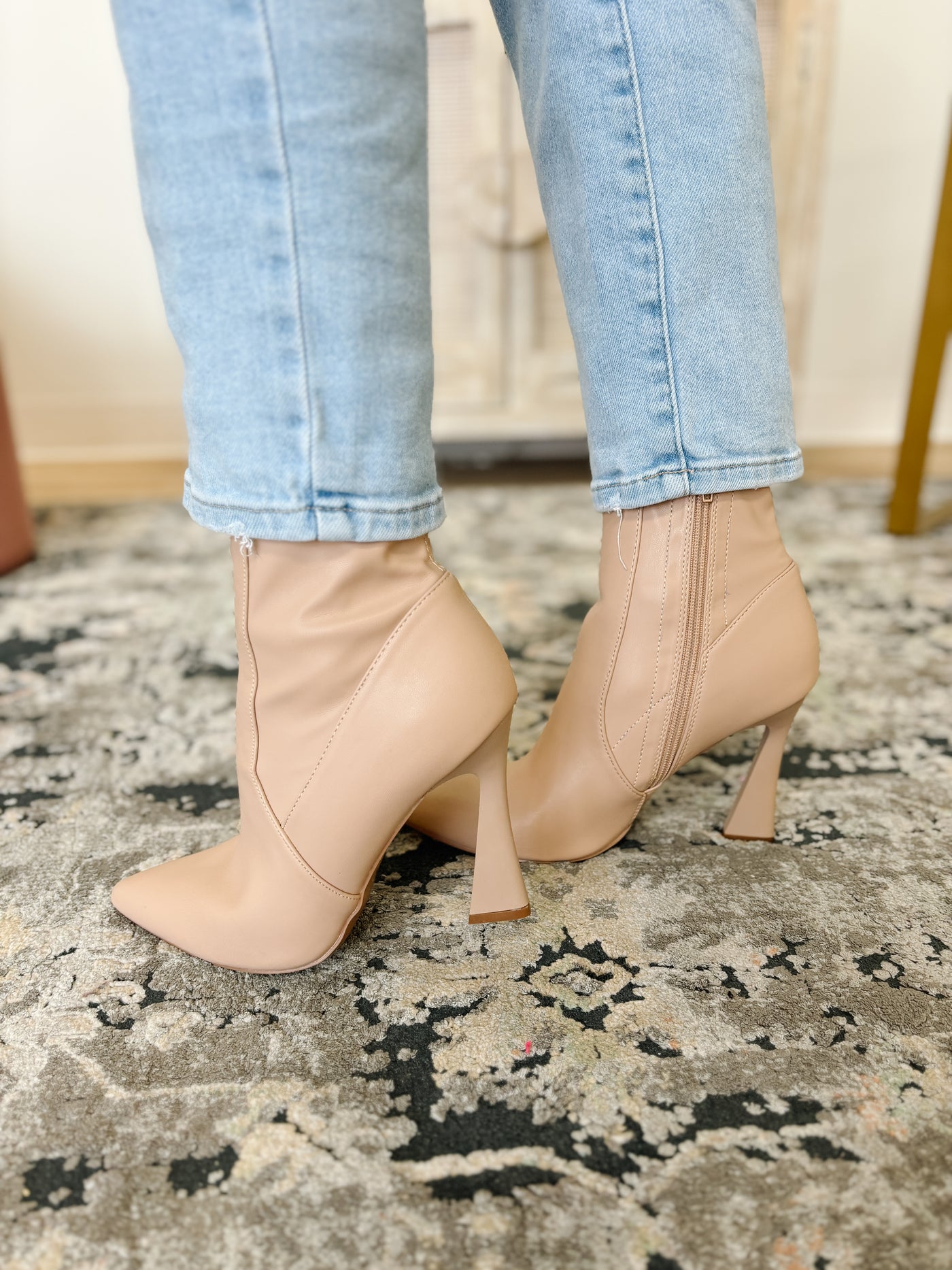 Pointed Toe Bootie With Flare Heel in Nude
