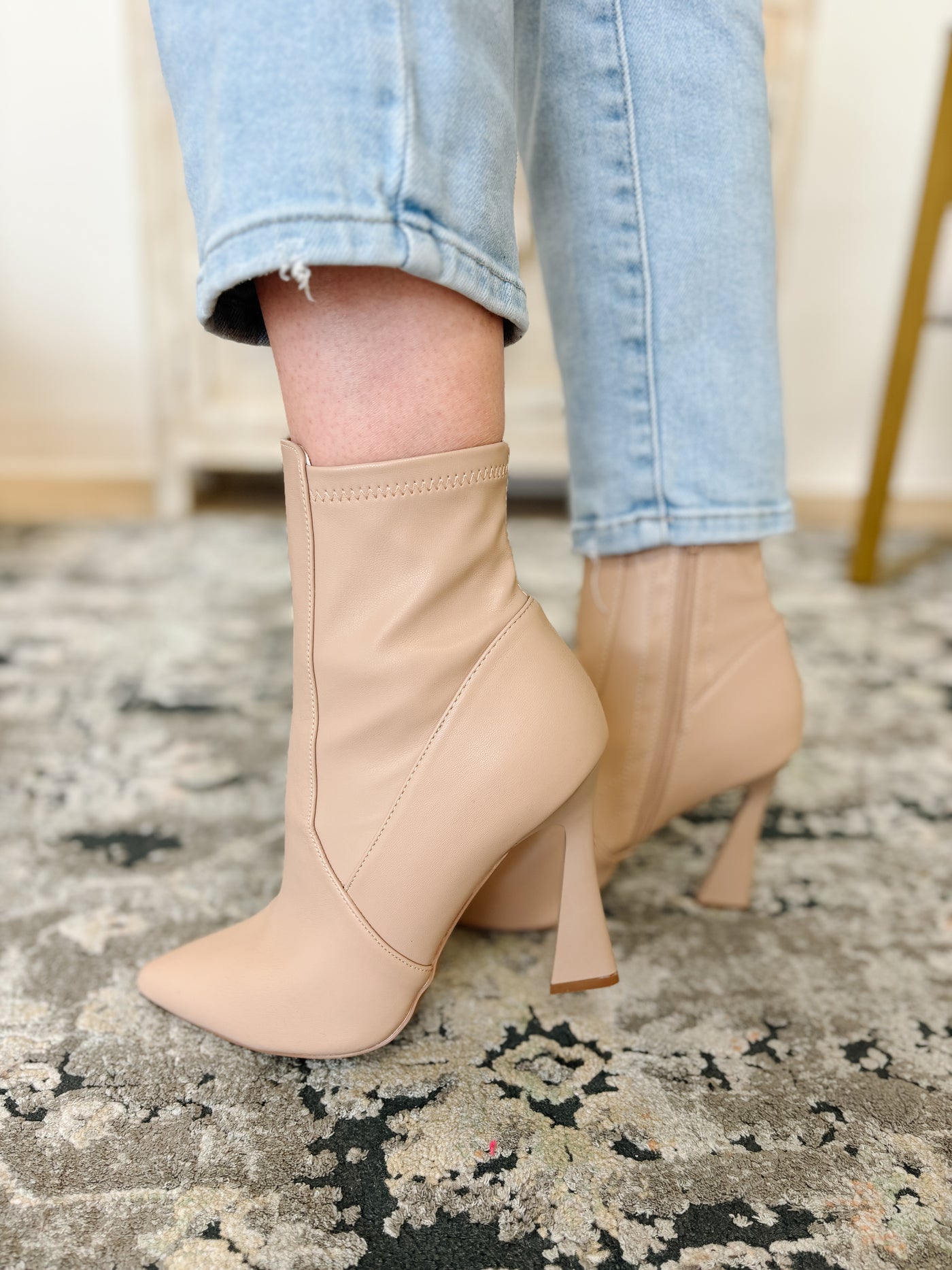 Pointed Toe Bootie With Flare Heel in Nude