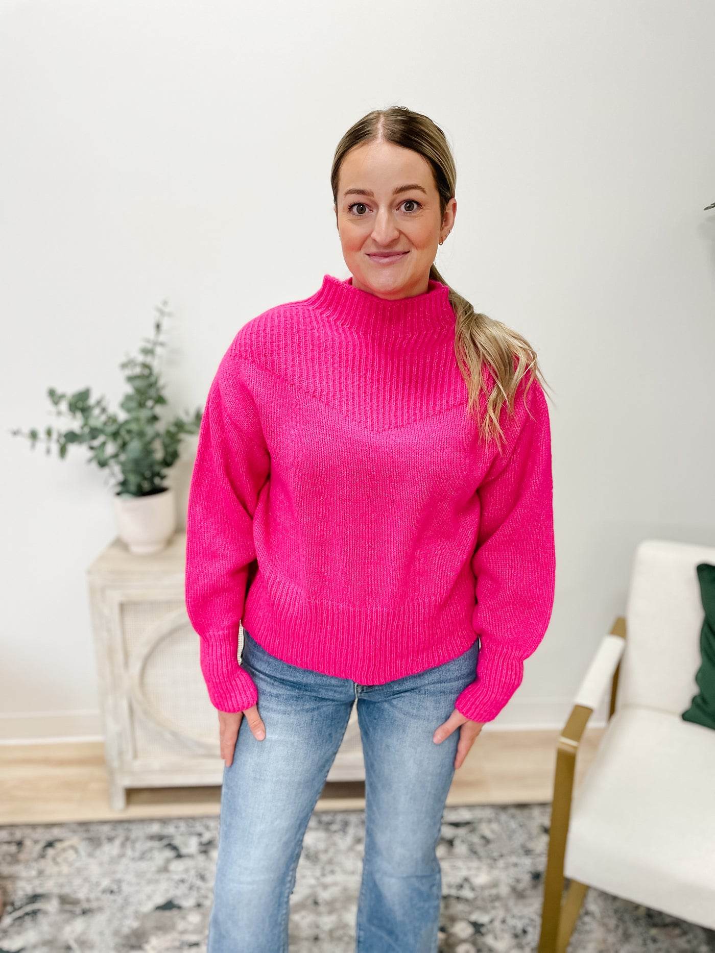 Balloon Sleeve Mock Neck Sweater in Hot Pink