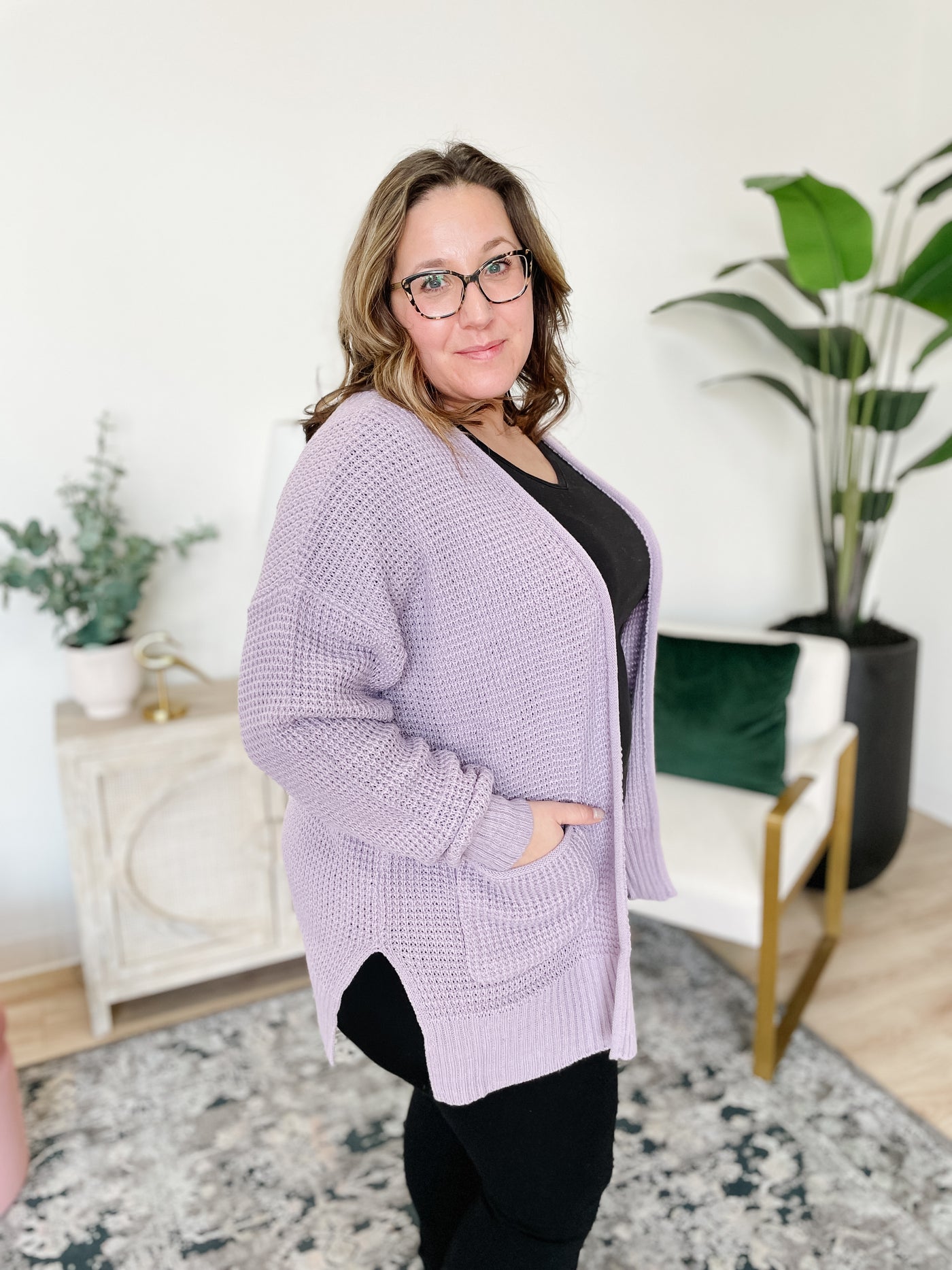 Relaxed Fit Waffle Open Cardigan Sweater in Dusty Lavender