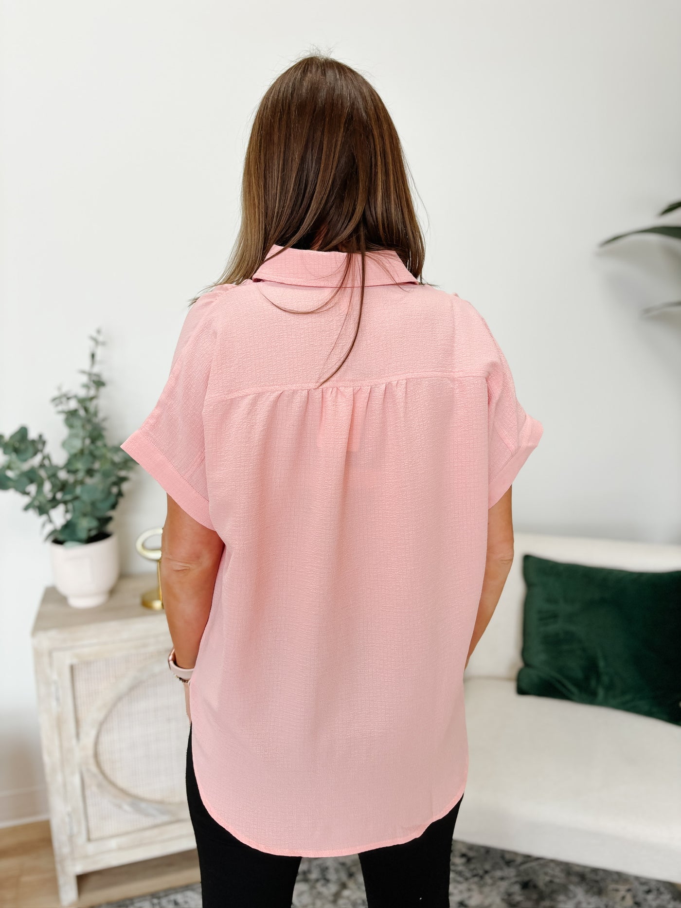 Crinkled Short Sleeved Button Down Blouse in Strawberry Milk