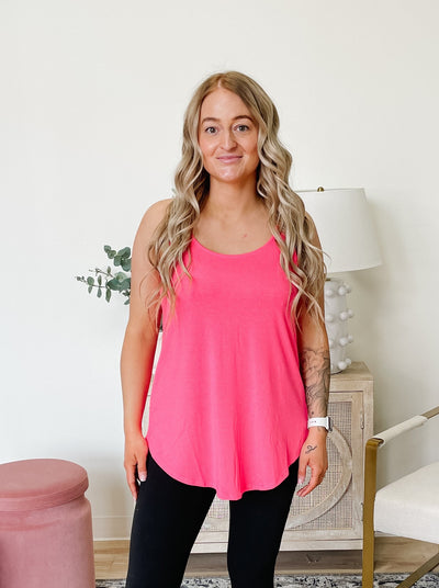 The Basic Round Neck Tank in Neon Coral Pink