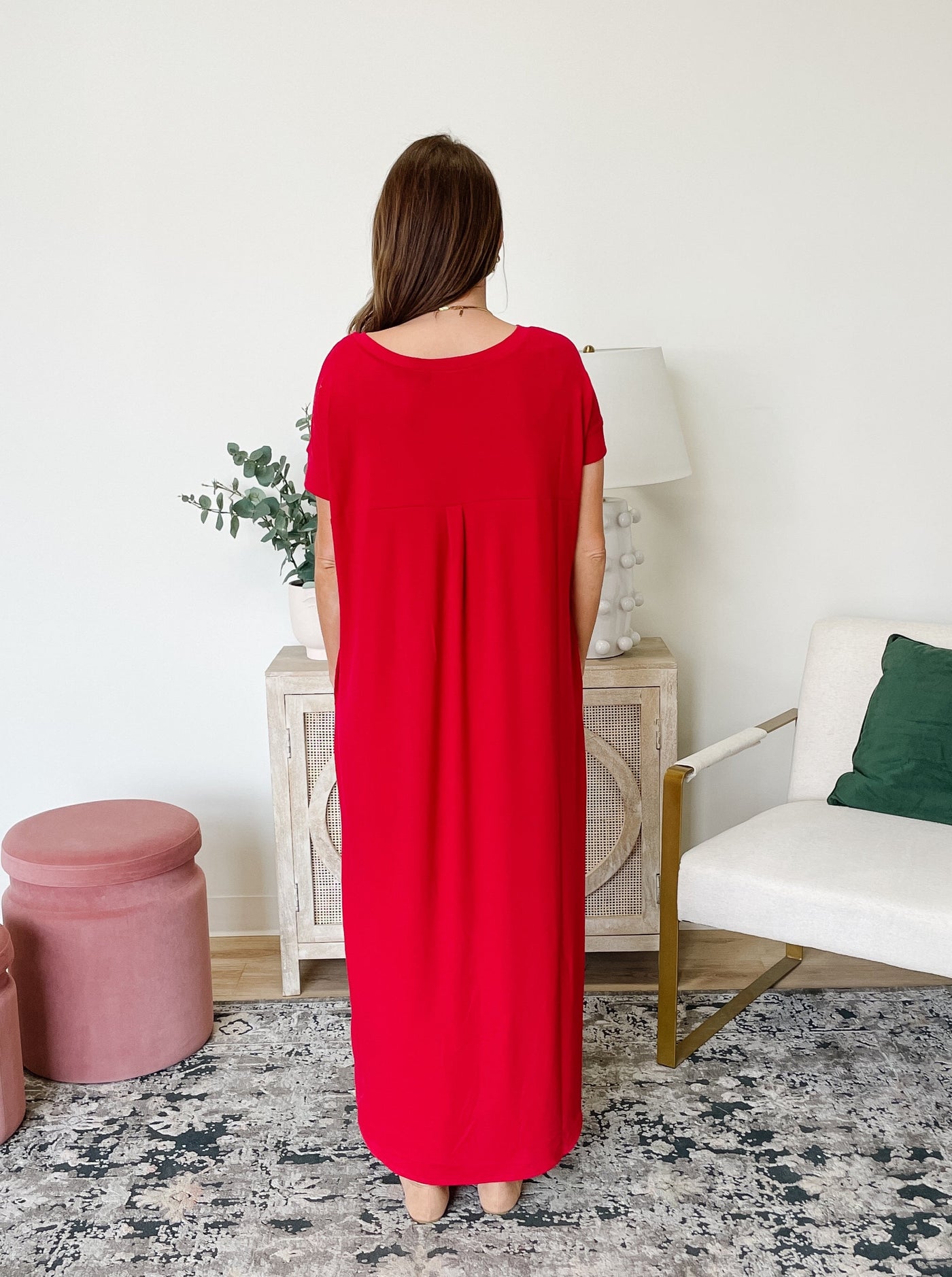 V-Neck Short Sleeve Maxi Dress in Burgundy