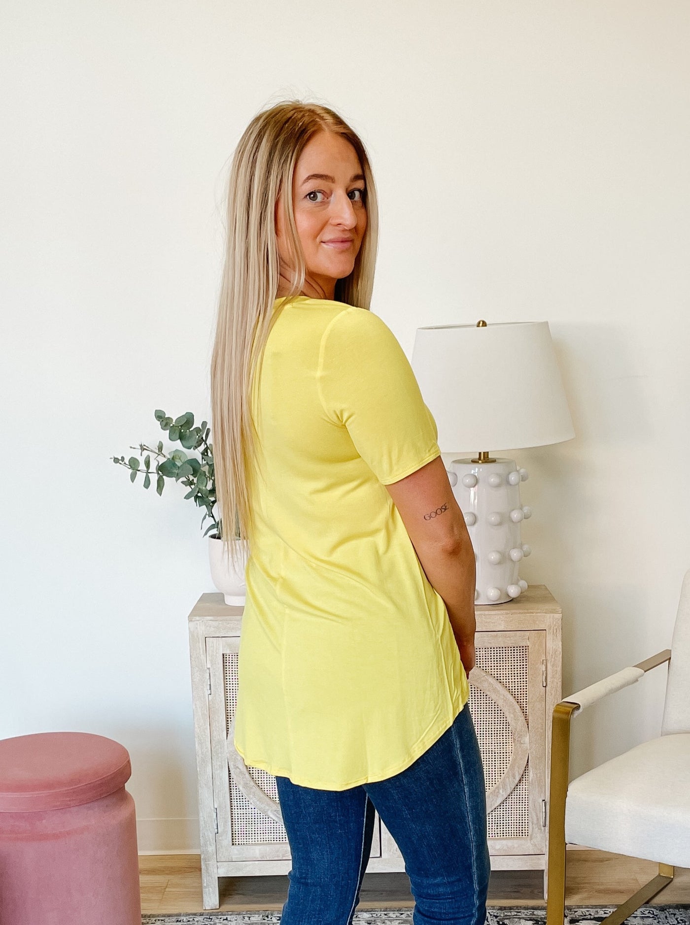 Luxe Rayon Short Sleeve V-Neck Tee in Yellow