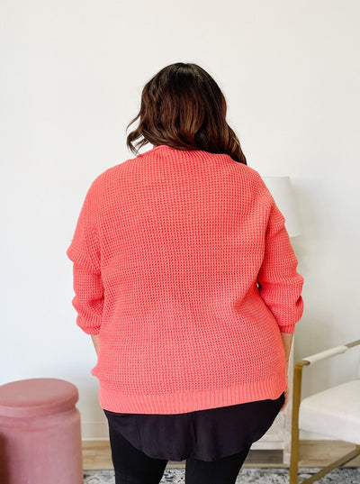 Relaxed Fit Waffle Open Cardigan Sweater in Coral